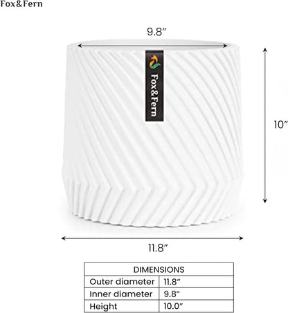 Fox & Fern Large 12 Inch Planter with Drainage Plug — Premium Polystone White Plant Pot; Modern Planter with 3D Texture and Ceramic Finish; 12 Inch Pots for Plants Indoor & Outdoor