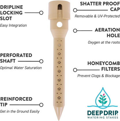 8 in. DEEP DRIP Garden Watering Stake (4 Pack) (Tan) | UV-Protected ABS Plastic Deep Root Irrigation Spike for Flowers, Fruits, Vegetables, Potted Plants