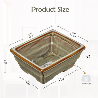 Ceramic Bonsai Pots with Drainage Hole, Set of 2 Rectangular Glazed Bonsai Planters for Indoor/Outdoor Use, Shallow Brown Bonzai Tree Pots for Succulent, Orchids, Cacti, Home, Patio, Garden, 6.3"x4.9"