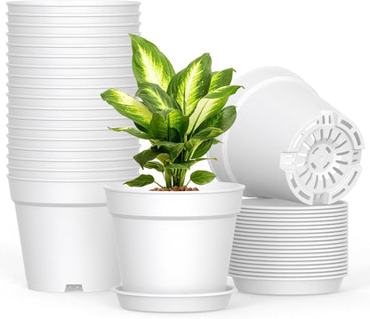 20 Pack 6 Inch Plant Pots with Drainage and Saucers, White Plastic Flower Pots for Indoor and Outdoor Plants, Stackable Nursery Planters for Houseplants and Herbs, White