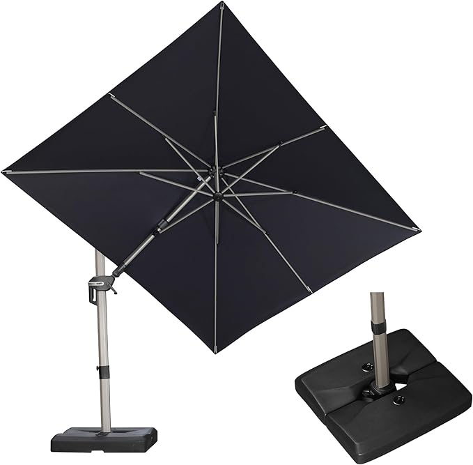 PURPLE LEAF 8' X 10' Left-right Tilting Patio Umbrella with Base Outdoor Swivel Cantilever Offset Aluminum Umbrella with Champagne Frame and 360-degree Rotation for Garden Deck Pool, Navy Blue