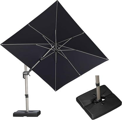 PURPLE LEAF 8' X 10' Left-right Tilting Patio Umbrella with Base Outdoor Swivel Cantilever Offset Aluminum Umbrella with Champagne Frame and 360-degree Rotation for Garden Deck Pool, Navy Blue