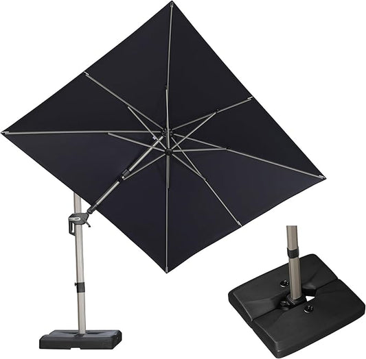 PURPLE LEAF 8' X 10' Left-right Tilting Patio Umbrella with Base Outdoor Swivel Cantilever Offset Aluminum Umbrella with Champagne Frame and 360-degree Rotation for Garden Deck Pool, Navy Blue