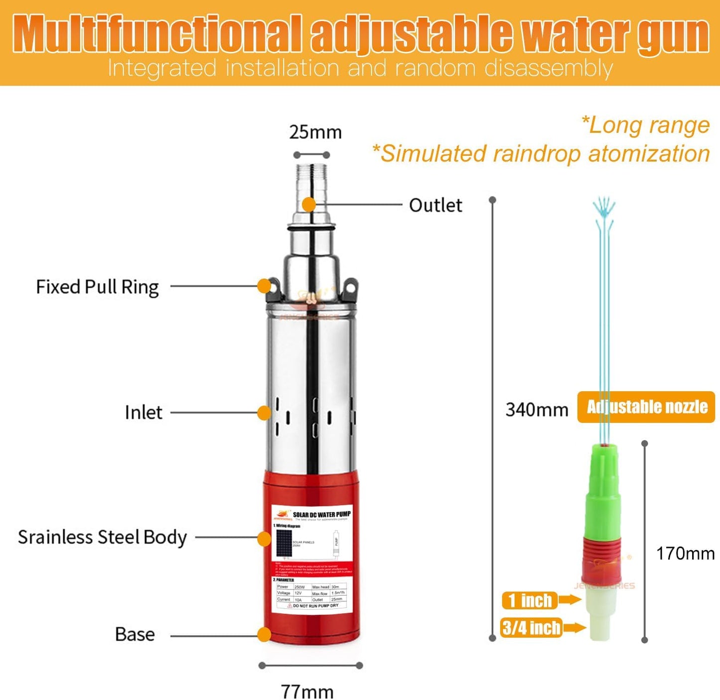 12V Deep Well Submersible Pump solar DC 250W Electric Powered Water Pump kits with 1" Outlet Screw Pump max.98ft Lift,396GPH Flow, for Irrigation Agricultural Garden Home