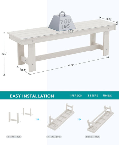 SERWALL Outdoor Dining Set for 6, HDPE Dining Furniture Set with Umbrella Hole Cut-Out Table and 1 Dining Bench and 4 Chairs, All Weather Outdoor Dining Bench Sets, White
