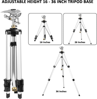 STYDDI Heavy Duty Impact Sprinkler on Tripod Base, Tall Metal Pulsating Telescoping Tripod Sprinkler for Large Area, Yard, Lawn, Garden, Waters up to 70 Ft. Diameter, Legs Extends Up to 36-inch