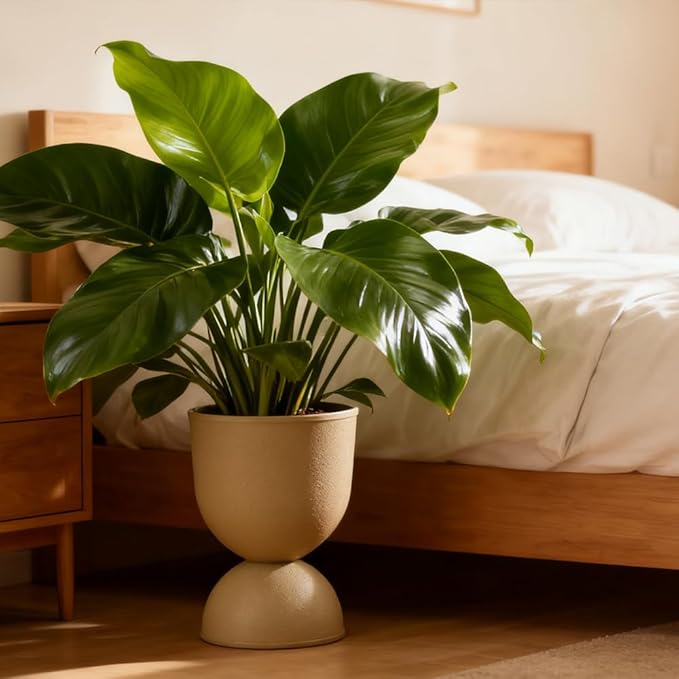 Lookat Modern Hourglass Planter, Indoor Decorative Plastic Plant Container, Textured Metal Look, Contemporary Home Garden Pot (Beige, CUP001)