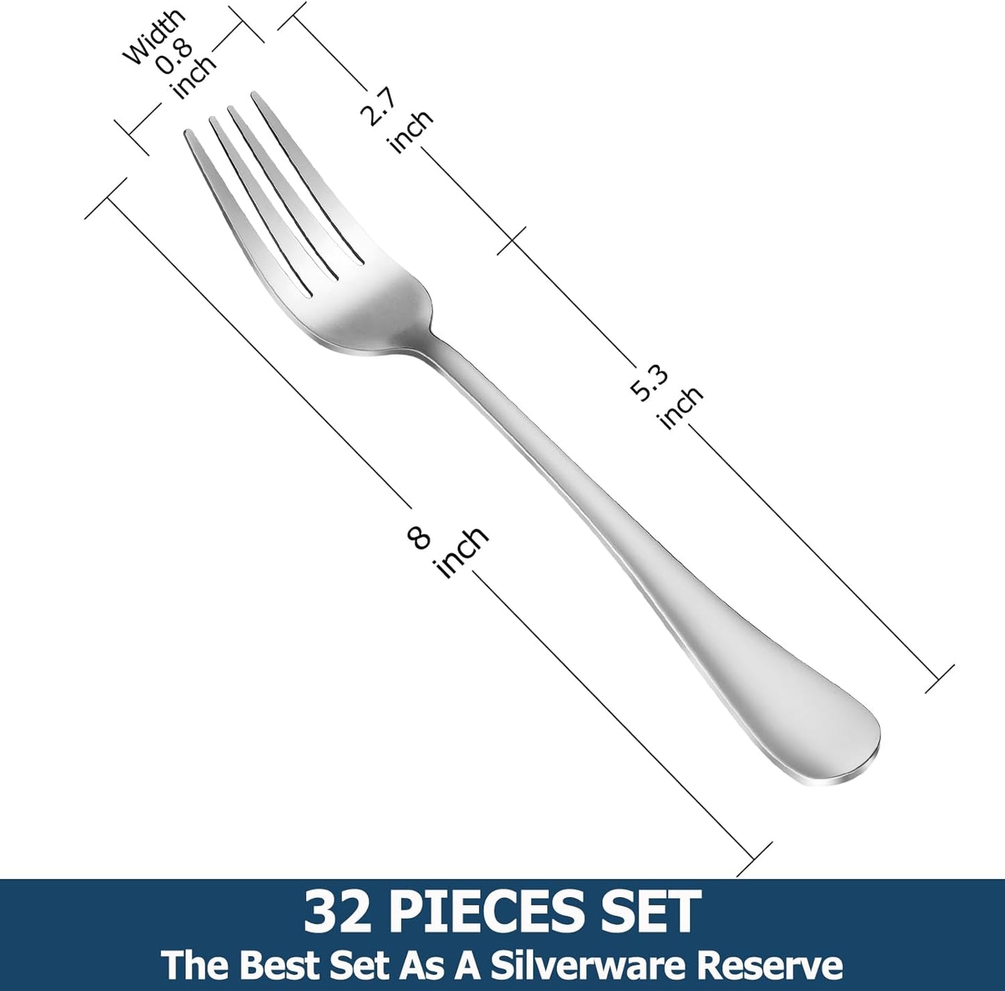 32-Piece Dinner Fork Set, Stainless Steel Silverware, Cutlery, Mirror Polished, Dishwasher Safe - 8 Inch