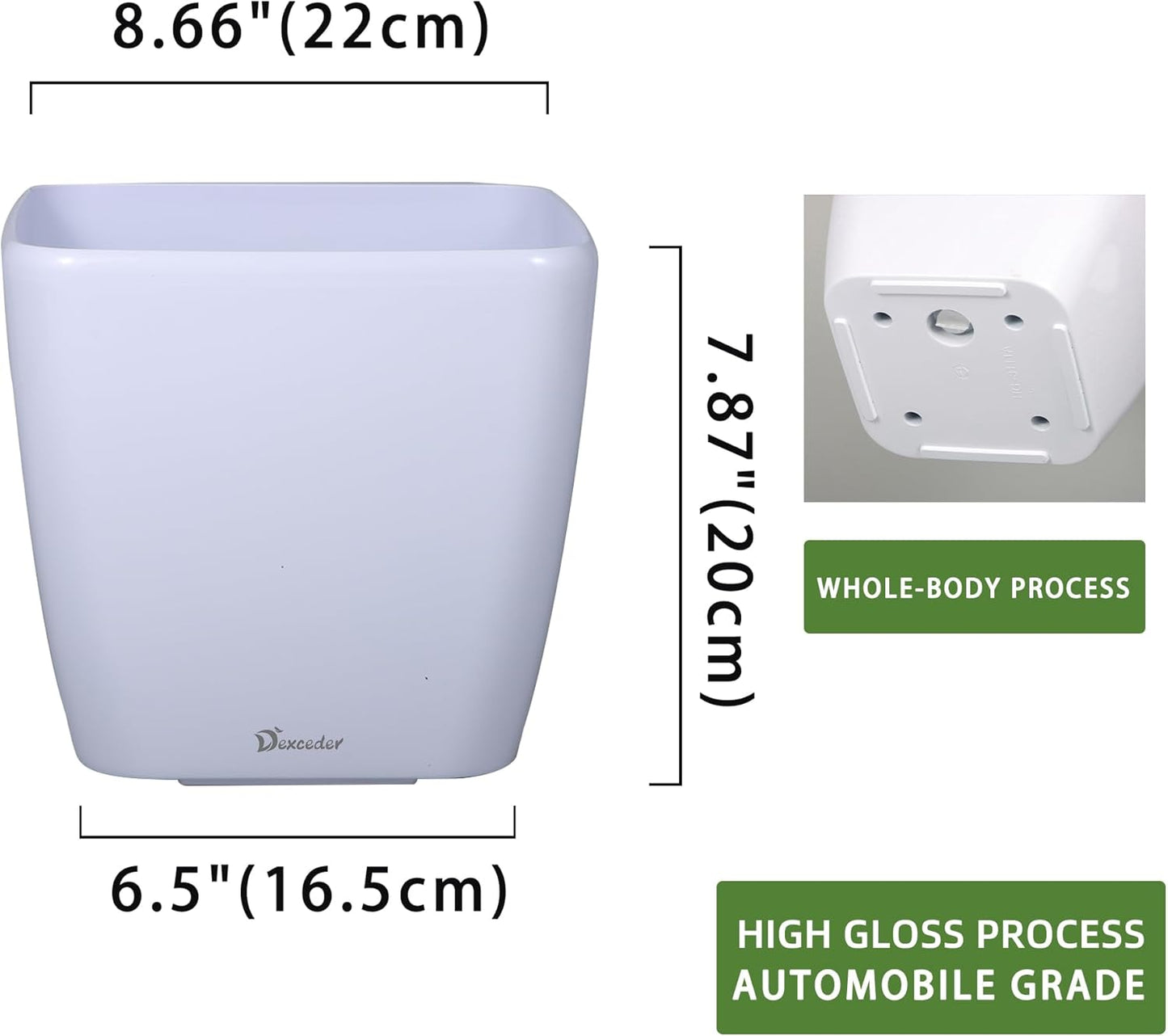 Dexceder 9x8 Self Watering Planter Indoor Outdoor, Inner Mat Design, Thickened Table Flower Plant Pot with Water Level Indicator (White High Gloss)