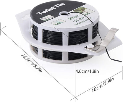 328ft (100m) Twist Ties, Plant Ties for Vines Garden Wire with Cutter for Gardening Home Office, Multi-Function Black Plastic Coated Wire