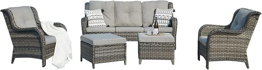 Rilyson Outdoor Patio Wicker Furniture Set - 5 Piece Rattan Patio Conversation Sectional Sofa Set with 1 Couch,2 Armchairs,2 Ottomans for Porch Deck Garden(Mixed Grey/Grey)