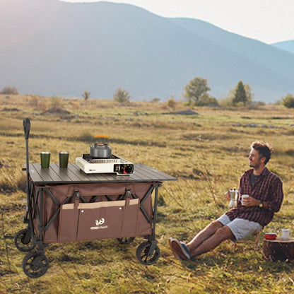 Whitsunday Folding Collapsible Utility Wagon, Heavy Duty Outdoor Park Beach Wagon with Table and Side Pocket for Camping Sports Shopping Brown