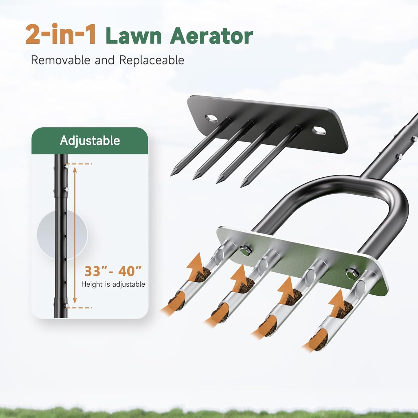 Lawn Aerator, Core Aerator Lawn Tool & Lawn Spike Aerator, Hand Aerator Lawn Tool, Grass Aerator with Adjustable T-Handle, Garden Tool Solve Soil Compaction for Garden Grass and Yard