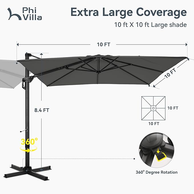 PHI VILLA 10ft Cantilever Patio Umbrella with Crank Handle, 7-Level Tilt & 360° Rotation, Aluminum Square Outdoor Offset Umbrella Windproof & Crashproof for Garden, Deck, Pool (Grey)