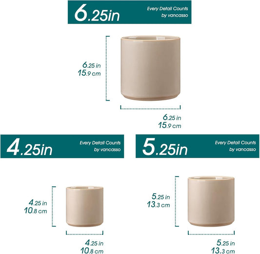 vancasso Ceramic Plant Pots, 4.25+5.25+6.25 Inch Planter Pot with Drainage Hole, Flower Pots for Indoor Outdoor Plants, Set of 3, Grey