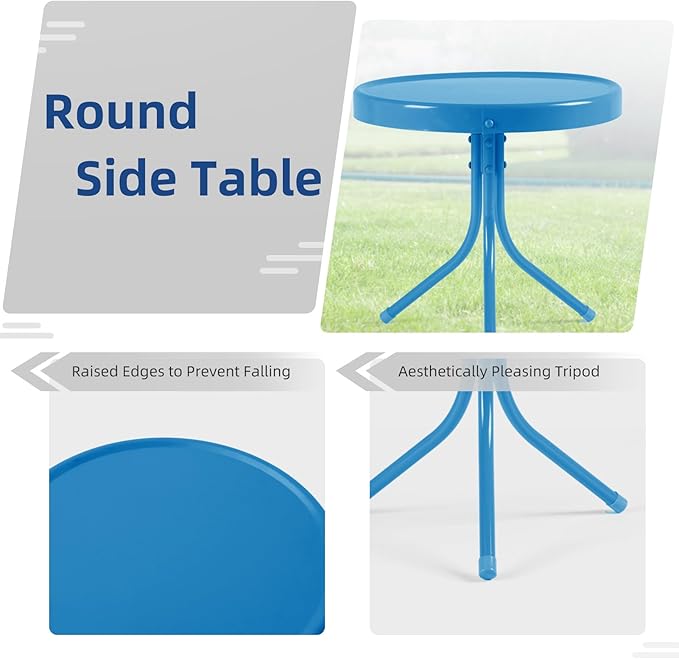 3 Pieces Patio Bistro Set Retro Metal Outdoor Seating Conversation, 2 C-Spring Retro Metal Patio Chairs and Round Side Table, for Balcony, Yard, Garden - Ocean Blue