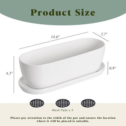 E-liu Oval Ceramic Planter Pot with Drainage Hole Saucers 14 Inch Succulents Planter Home Decor for Indoor Outdoor Plants Herb Cactus with 3 Mesh Pads, Plants Not Included