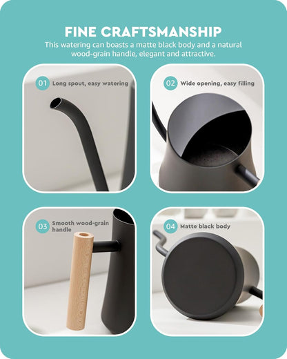 Baffect Indoor Watering Can, 1L/34OZ Metal Houseplant Watering Can with Wooden Handle, Curved Design Watering Can with Long Spout for Small Potted Plants (Black)