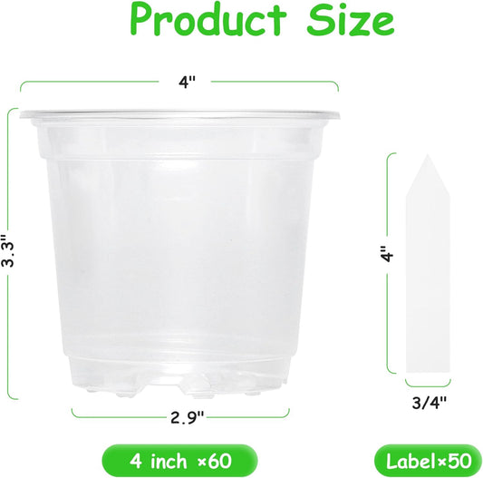 60 Pack 4 Inch Clear Nursery Pots with Drainage Holes, Transparent Plastic Plant Pot, Reinforced Seed Starter Pots Flower Pots Come with 50pcs Plant Labels