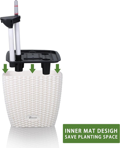 Dexceder 9x8 Self Watering Planter Indoor Outdoor, Inner Mat Design, Thickened Table Flower Plant Pot with Water Level Indicator (Ivory White Rattan)