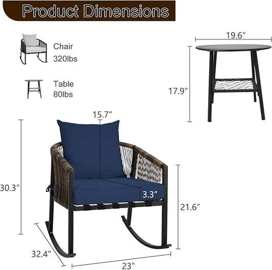 DECMICO 3-Piece Outdoor Wicker Patio Conversation Set, Rocking Bistro Chairs with Round Coffee Table for Small Space Balcony Backyard Garden, Blue