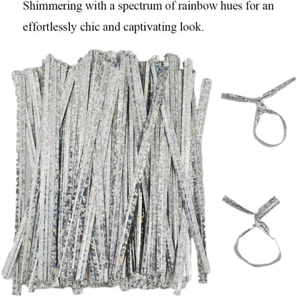 HAHIYO 300Pcs 4inches Holographic Silver Metal Twist Ties Bread Candy Coffee Bag Ties Plant Garden Twist Ties for Cellophane Treat Bags Gift Wraping Bags Plastic Bags Party Cake Present Art Crafts