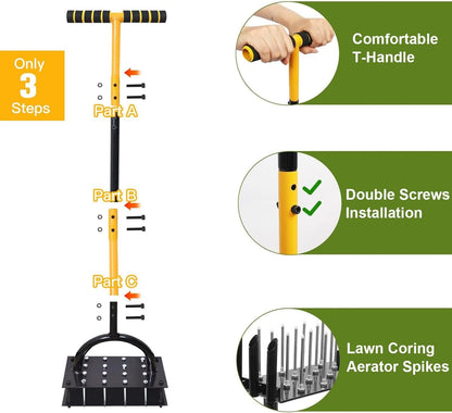 Lawn Aerator Tool, Lawn with 15 Iron Spikes, Automatic Leaf and Dirt Cleaning with Spring-Loaded Design, Metal Manual Aerator for Loosening Soil Aerating Patio, Yard, Garden Black