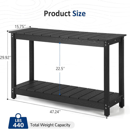 Outdoor Console Table, 48" Weather Resistant HIPS Patio Side Table, 440LBS Weight Capacity, 2-Tier Multifunctional Buffet Bar Storage Organizer for Garden Deck, Black