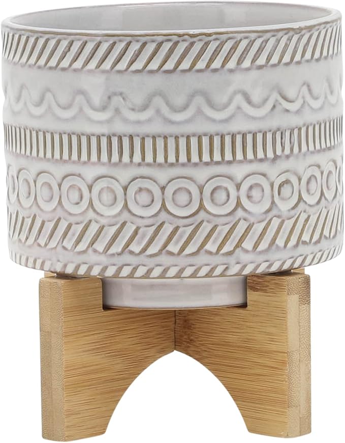 Sagebrook Home Ceramic Planter with Stand - Decorative Stoneware Plant Pot with Bamboo Wood Base - Boho Style Indoor & Outdoor Garden Decor for Home & Office - 8" Ivory & Tan