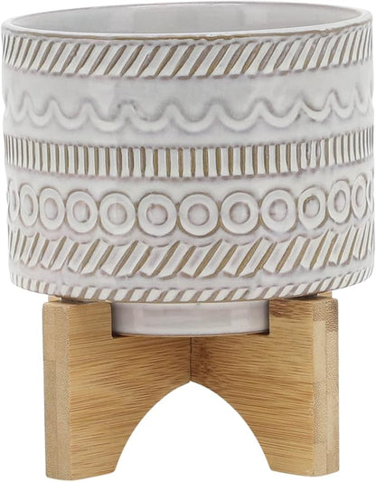 Sagebrook Home Ceramic Planter with Stand - Decorative Stoneware Plant Pot with Bamboo Wood Base - Boho Style Indoor & Outdoor Garden Decor for Home & Office - 8" Ivory & Tan