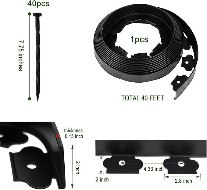 Hugeleaf Landscape Edging 2 Inch Tall, 40 Feet Garden Edging Border with 40Pcs Stakes,Lawn Border for Landscaping, Flower Beds(Black)