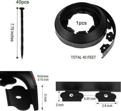 Hugeleaf Landscape Edging 2 Inch Tall, 40 Feet Garden Edging Border with 40Pcs Stakes,Lawn Border for Landscaping, Flower Beds(Black)