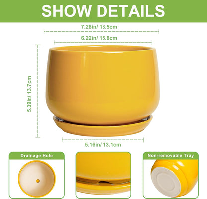 G EPGardening Ceramic Pots for Plants - 7 Inch Plant Pot with Drainage Hole and Saucer, Modern Ceramic Planter for Indoor Outdoor, Round Flower Planter, Gifts for Plants Lovers, Home Decor, Yellow