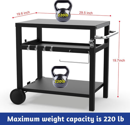 29.5''x19.6'' Outdoor Grill Cart, Pizza Oven Table Stand, 3-Shelves Food Prep Table for Ninja Woodfire, Ooni Pizza Oven, 17'' & 22'' Blackstone Griddle, Grill Stand for Picnic, Camping