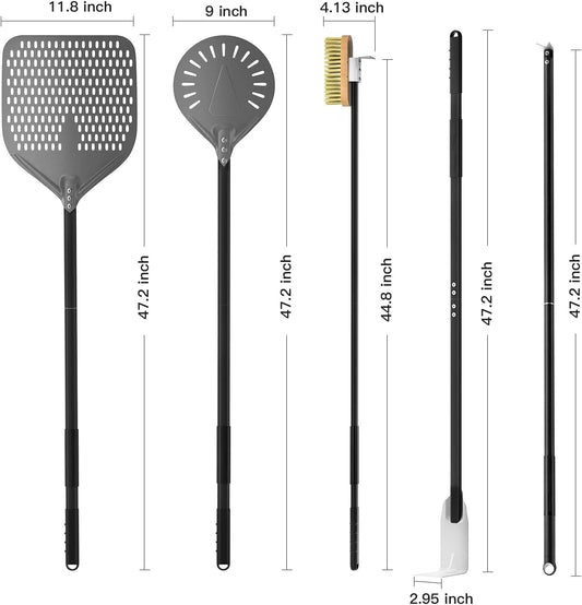 G.a HOMEFAVOR 5-Piece Pizza Oven Accessories, 12" × 15'' Perforated Pizza Peel, 9" Round Turning Peel, Pizza Oven Cleaning Brush, Ash Rake, Pizza Fork, Pizza Kit for Professional Chef or Pizza Lover
