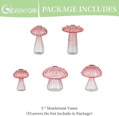 Glasseam Mushroom Plant Propagation Stations: Pink Glass Terrarium Jar Set of 5 Cute Planters for Indoor Plants Decorative Propagate Vase Unique Gifts for Women Home Office Decor