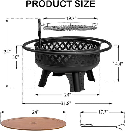 32 Inch Outdoor Fire Pit with Grill, Wood Burning Firepit for Outside with Lid/Fire Poker, Metal Round Fire Pit Table for Patio Backyard Garden Bonfire Party