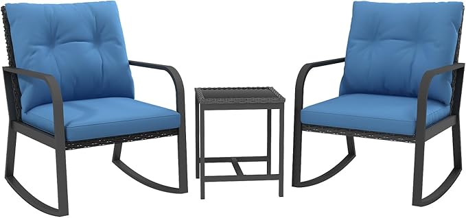 Bistro 3 Piece Patio Furniture Set, Patio Table and Rattan Outdoor Rocking Chairs Set of 2, Outdoor Bistro Conversation Set for Garden, Balcony, Poolside, Backyard, Blue