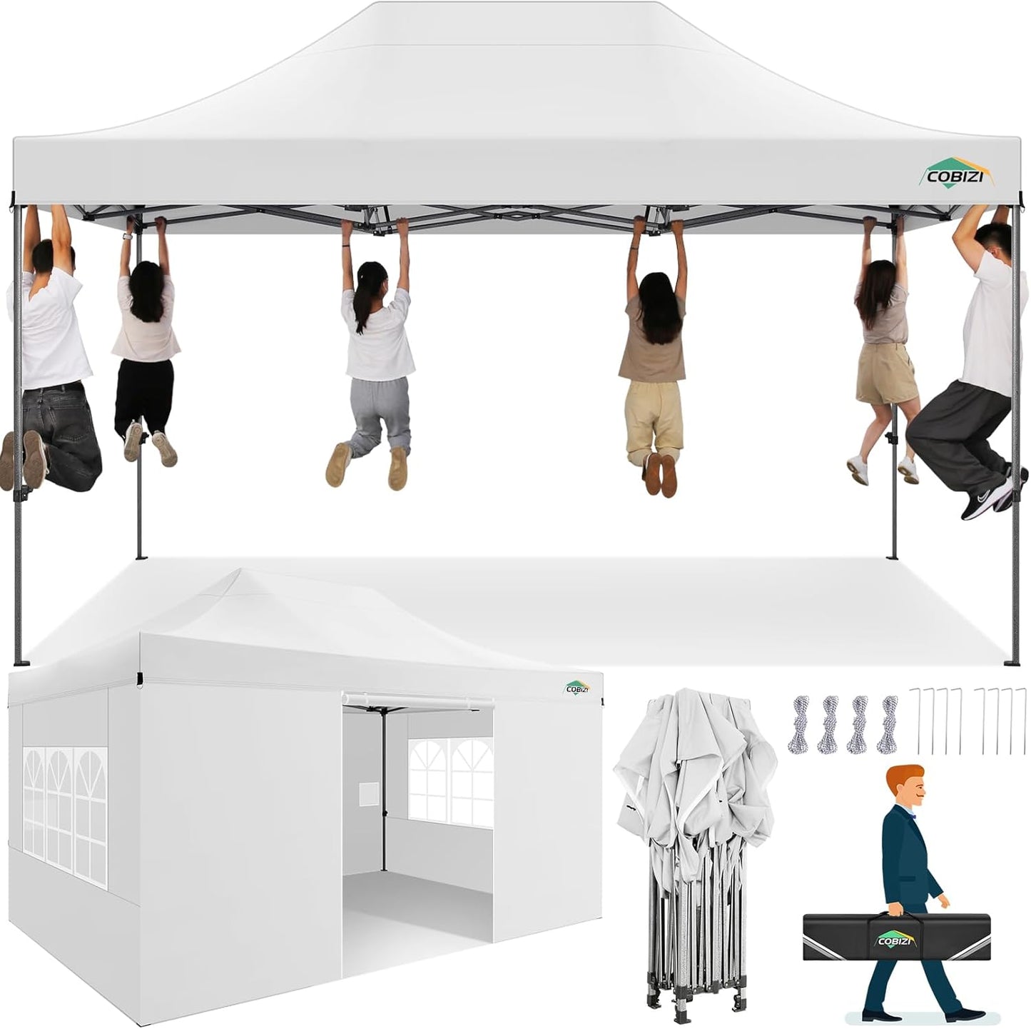 COBIZI 10x15 Heavy Duty Pop up Canopy Tent with 4 sidewalls Commercial Outdoor Canopy Wedding Party Tents for Wedding All Season Wind & Waterproof Gazebo with Carry Bag, White(Frame Thickened)