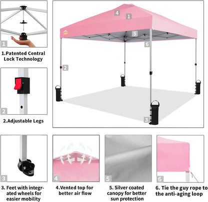 CROWN SHADES 10x10 Pop Up Canopy - Beach Tent with One Push Setup - Easy Outdoor Sun Shade for Events, Parties, Camping - Gazebo with STO-N-Go Cover Bag, Silver Coated Top, Pink