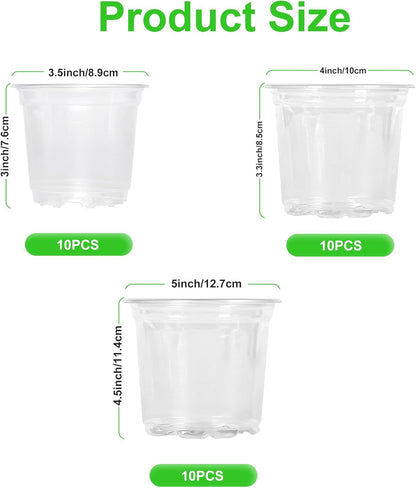 JERIA 30 Pack 5/4/3.5 Inch Clear Nursery Pots with Drainage Holes, Clear Plant Pot for Planting, Transparent Plastic Plant Pots,Durable Seed Starting Pot for Succulents