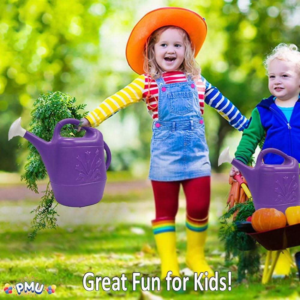 PMU 2 Gallon Watering Can - Garden Watering Can for Indoor & Outdoor Plants - Plastic Water Can with Detachable Sprinkler Head - Large Water Pot, Made in USA - Purple Pkg/3