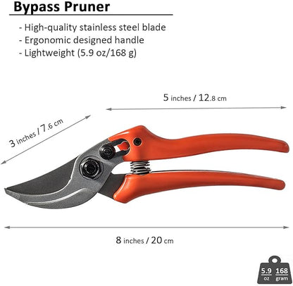 8" Lightweight Pruning Shears - Bypass Gardening Scissors, Sharp Garden Clippers with Low-friction Painted Stainless Steel Blade