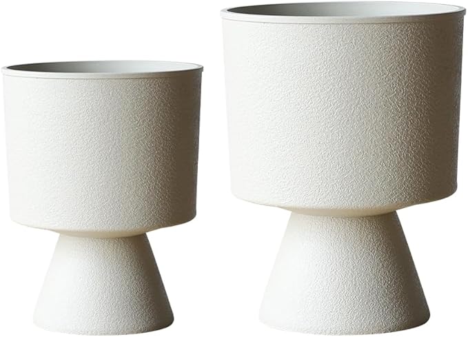 Lookat Modern Hourglass Planter, Indoor Decorative Plastic Plant Container, Textured Metal Look, Contemporary Home Garden Pot (Beige, CUP003 Small+Medium)