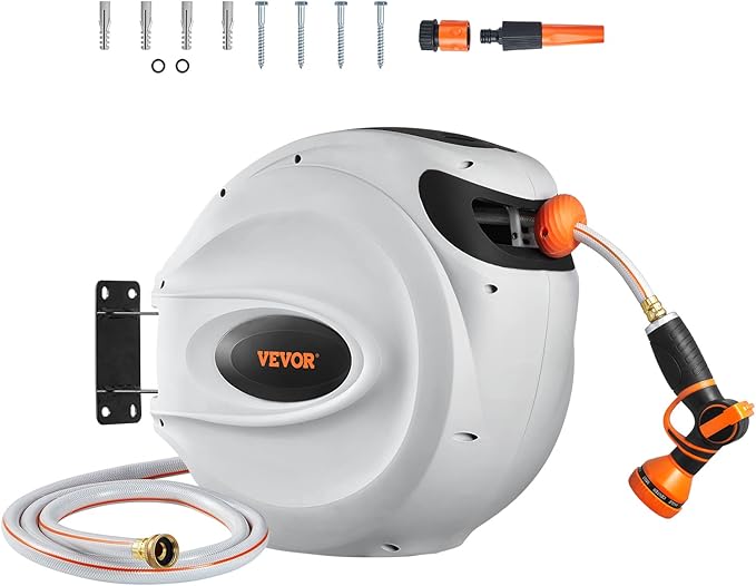 VEVOR Retractable Hose Reel, 115 ft x 1/2 inch, Garden Water Hose Reel with 9-Pattern Nozzle, 180° Swivel Bracket Wall-Mounted, Automatic Rewind, Lock at Any Length, with Slow Return System