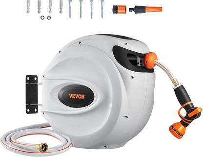 VEVOR Retractable Hose Reel, 115 ft x 1/2 inch, Garden Water Hose Reel with 9-Pattern Nozzle, 180° Swivel Bracket Wall-Mounted, Automatic Rewind, Lock at Any Length, with Slow Return System