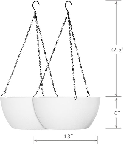 13 inch Large Hanging Planters Plant Pots for Outdoor Indoor Plants with Drainage Holes and Chain, 2 Pack Round Hanging Flower Pots for Garden Home Porch Decor, White