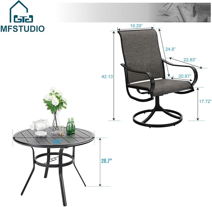 MFSTUDIO Round Outdoor Dining Set for 4, Patio Table and Chairs Set for Deck/Backyard/Poolside/Garden, 5 Piece Patio Furniture Set with Umbrella Hole