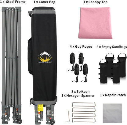 CROWN SHADES Adjustable Height on The Fly, 10x10 Pop Up Canopy - Beach Tent with One Push Setup - Easy Outdoor Sun Shade for Events, Parties, Camping - Outside Shade with STO-N-Go Bag, Pink