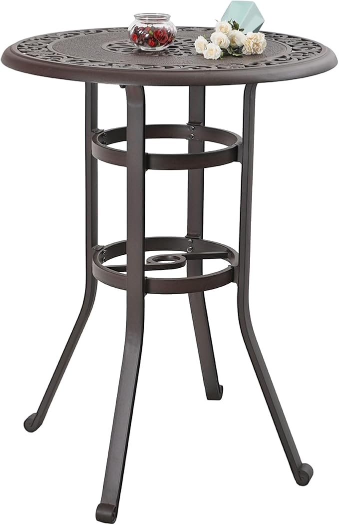 Sophia & William Cast Aluminium Patio Bar Height Table Round with 1.97" Umbrella Hole, Premium Bronze Outdoor Tall Pub Height Bistro Table for Porch Balcony Backyard, 32" Dia x 41" H